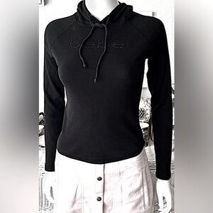 Vintage Bebe Y2K Hooded Pullover Knit Top with Black Rhinestone Insignia Size XS